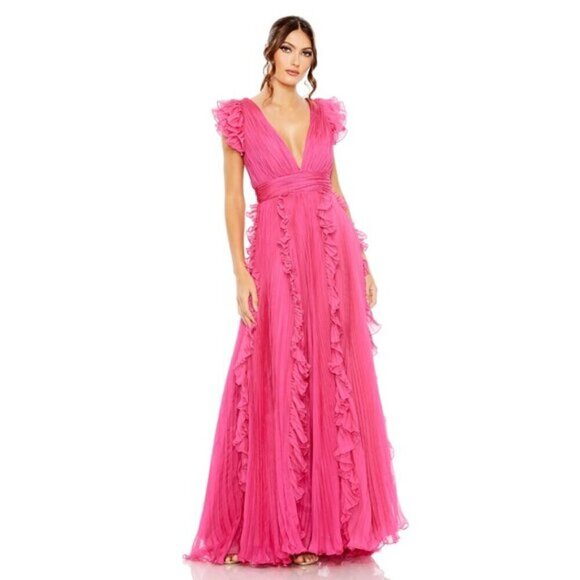 MAC DUGGAL Pleated Ruffle Cap Sleeve Chiffon Gown in Fuchsia Size US 8 - Picture 9 of 14